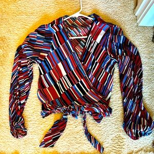 ANTHROPOLOGIE geometric wrap blouse with primary colors